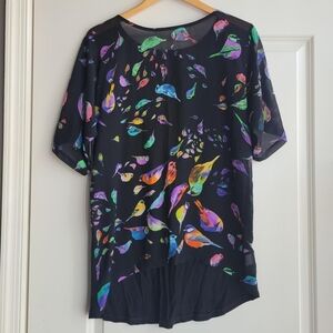 Zara Black Short Sleeve Top with Multicolor Bird Print